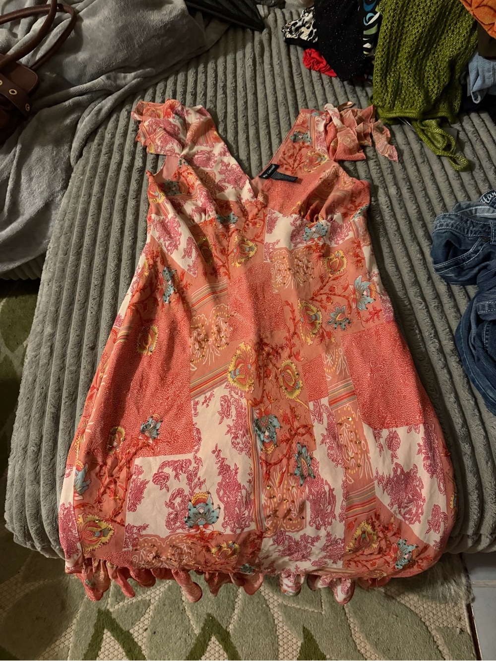 Mlle Gabrielle Coral Patchwork V-Neck Ruffle Strap Camisole